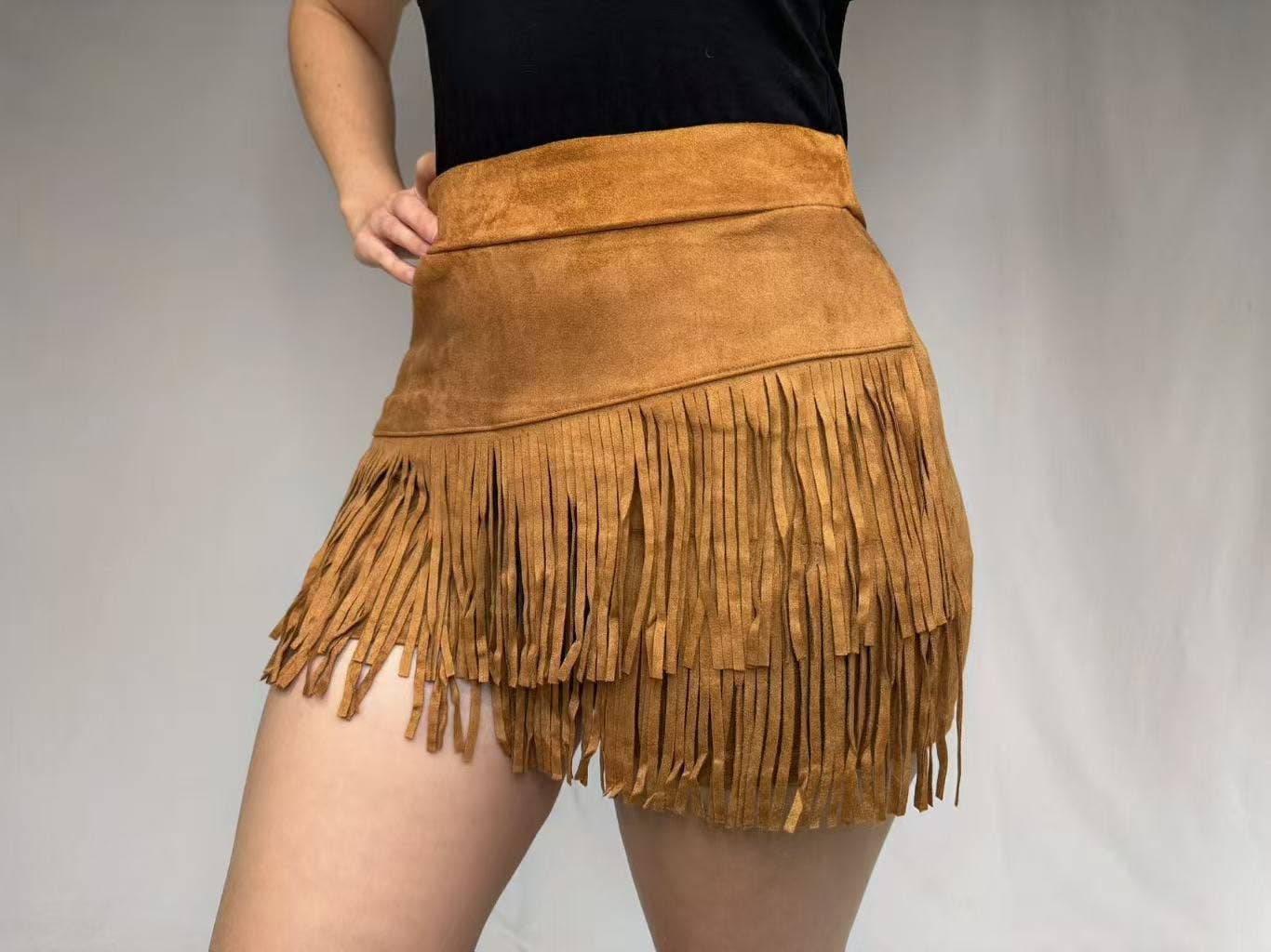 Camel Western Suede Fringe  Shorts
