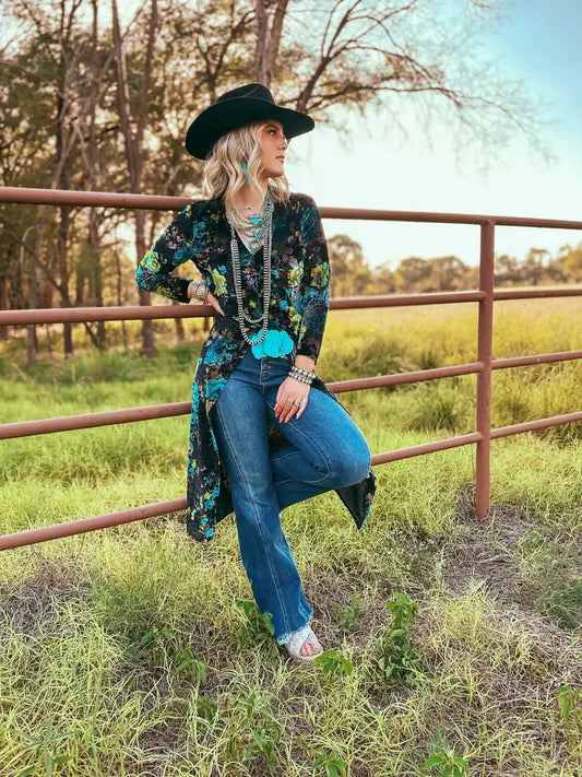 Gypsy Turquoise Floral Velvet Top