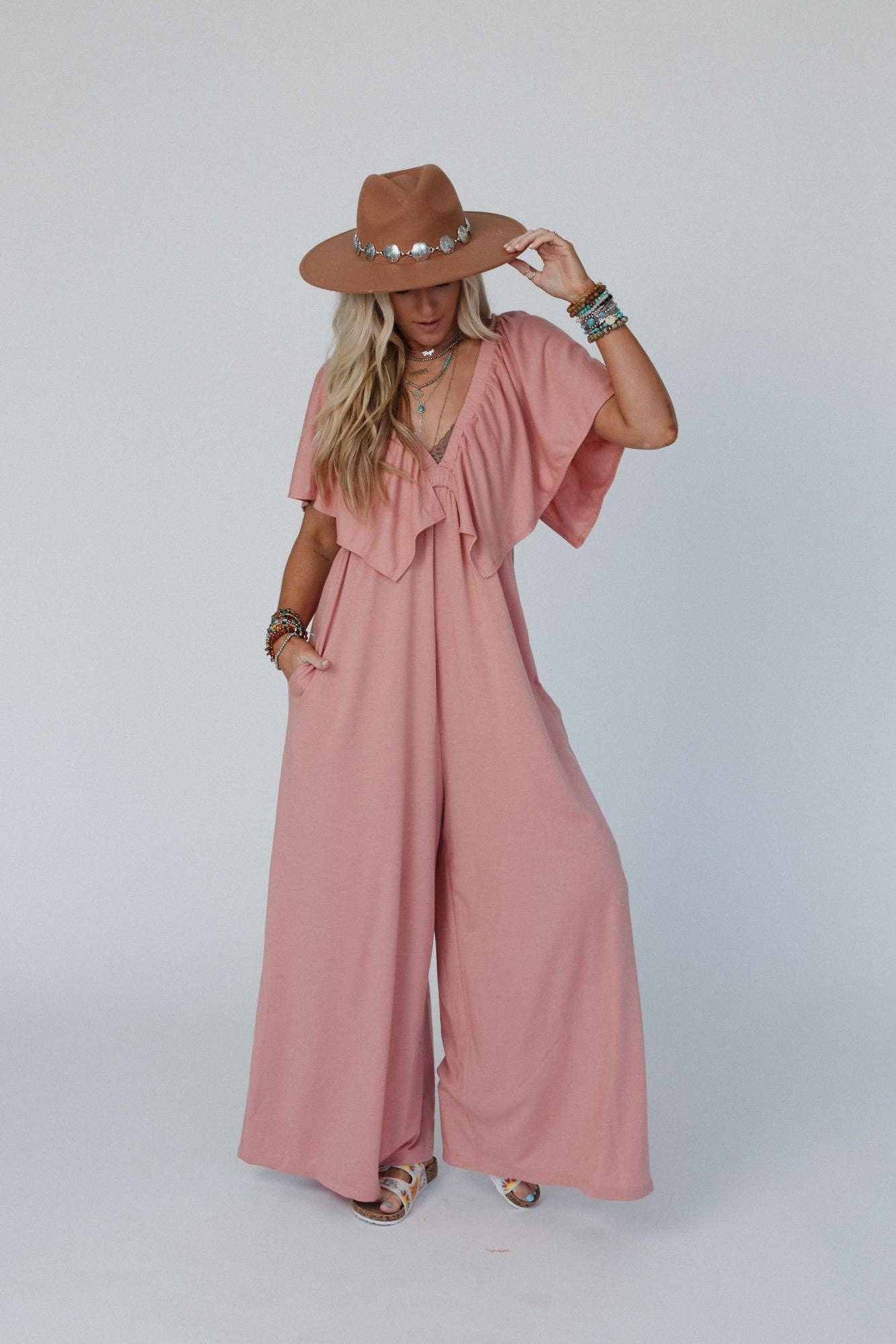 Open Back Ruffle Jumpsuit - Shadow Blush