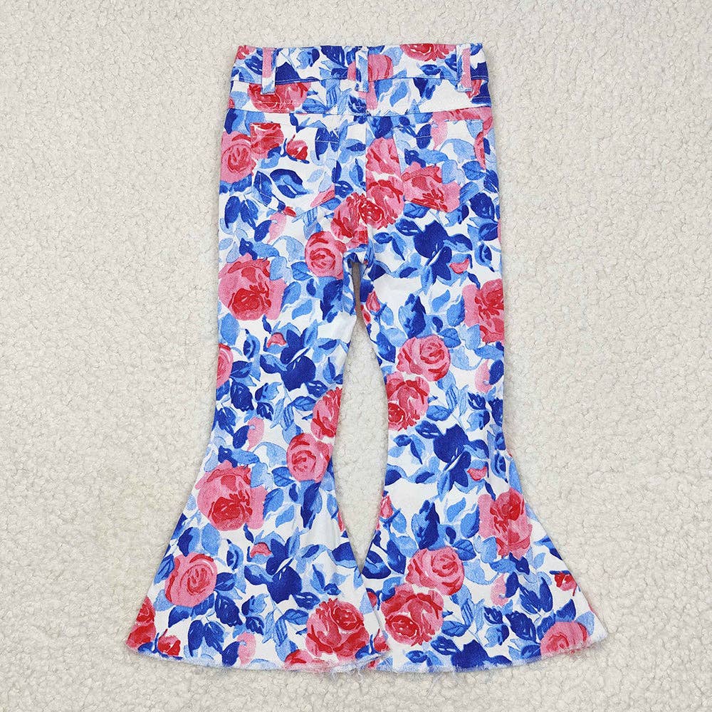 Girls Blue and Pink Floral Bell Flare Denim jeans