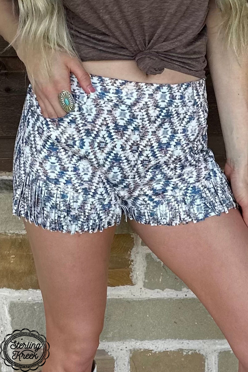 Western Aztec Suede Fringe Shorts
