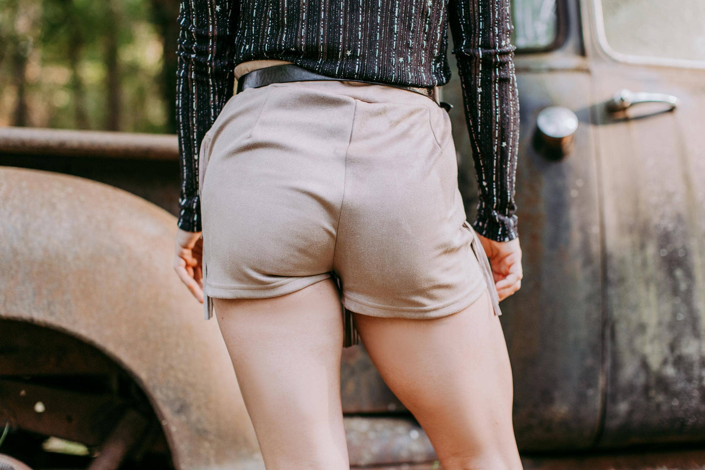 Western Suede Fringe Shorts with Sparkle Detail - Taupe