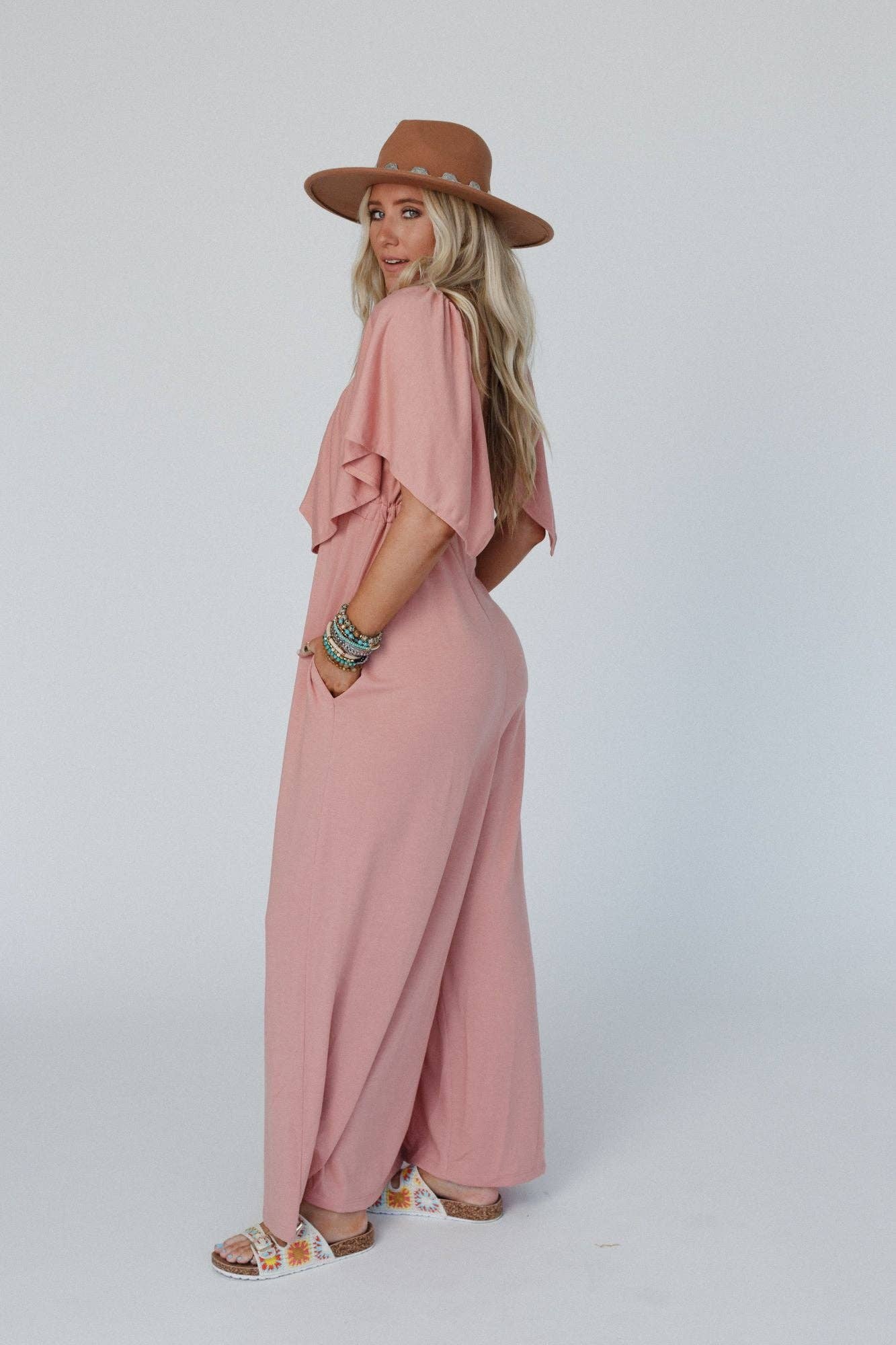 Open Back Ruffle Jumpsuit - Shadow Blush