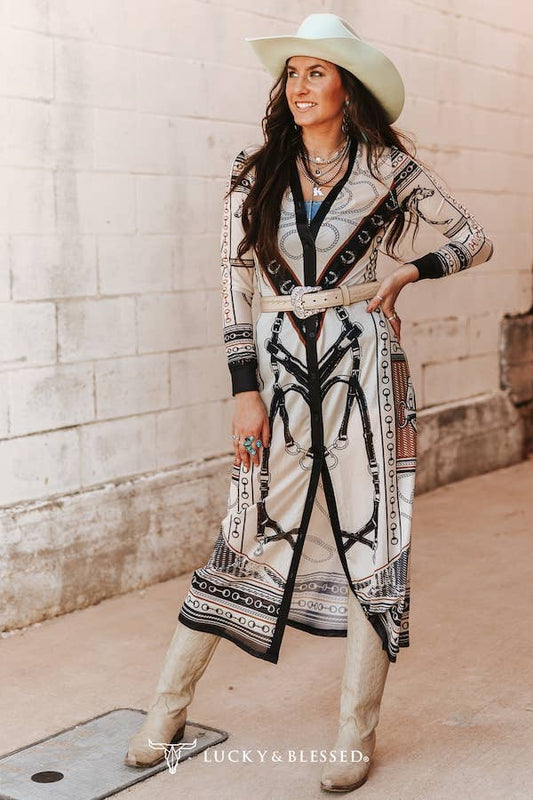 Ivory Cowboy Printed Mesh Button Down Maxi Duster Dress/Cardigan
