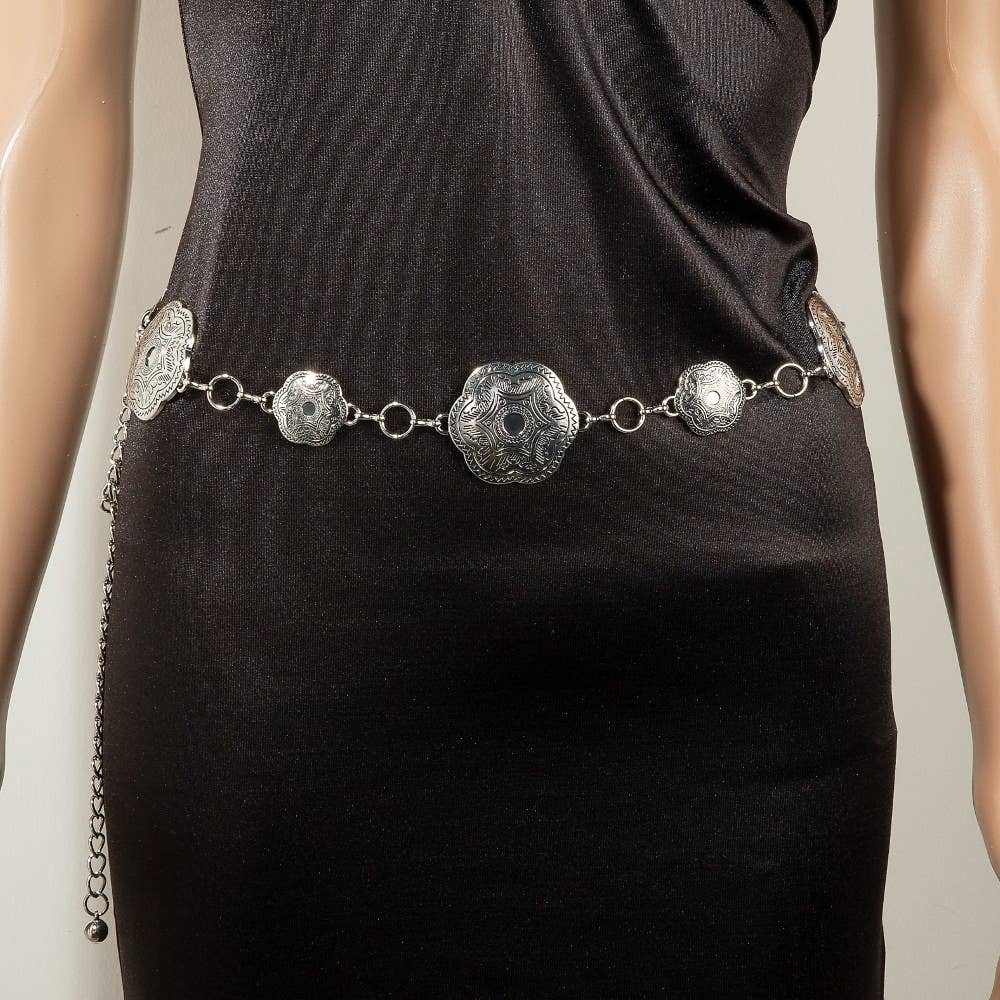 Engraved Silver Concho Western Chain Belt