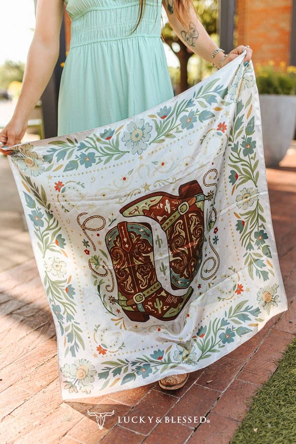 Ivory Sage Cowgirl Boots Printed Wild Rag Scarf