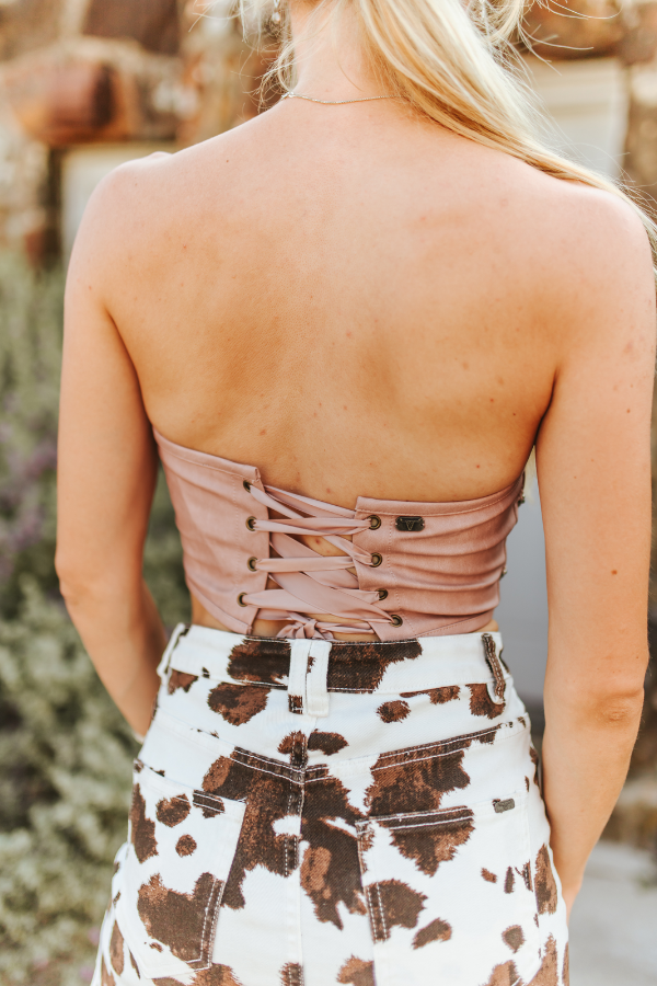 Pink Corset Top W Concho Chain Detail on Faux Leather