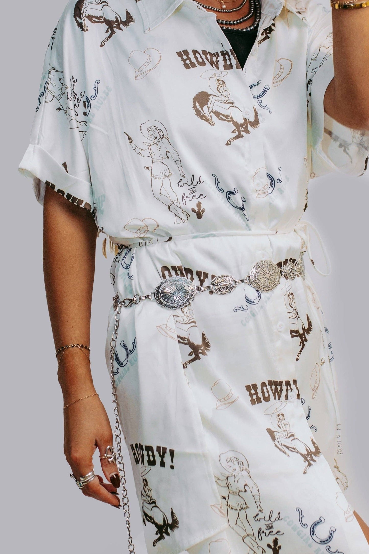 White Cowgirl Satin Shirt Romper Dress