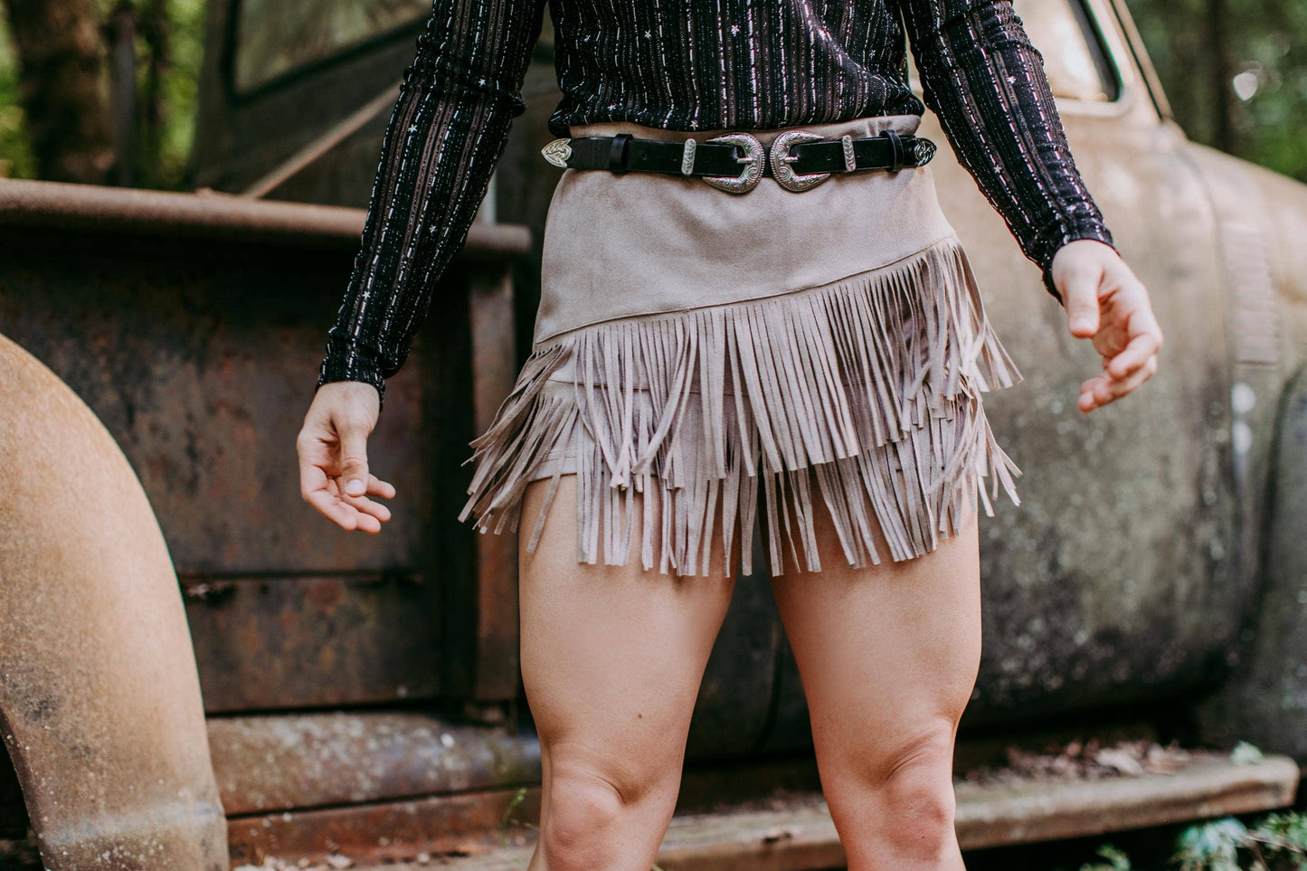 Western Suede Fringe Shorts with Sparkle Detail - Taupe