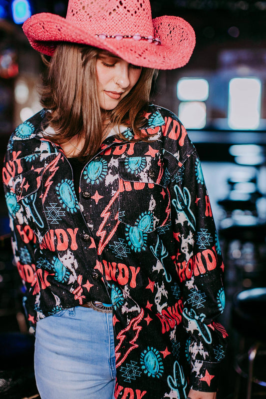 Sparkle Howdy Corduroy Shacket top