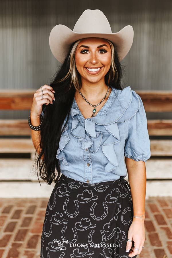 Light Wash Button Down Short Sleeve Light Denim Ruffle Top