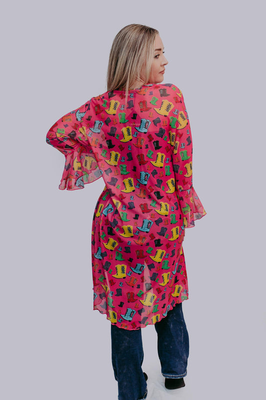 Rollin with the Flow Mesh Kimono Duster- Hot Pink/Cowgirl