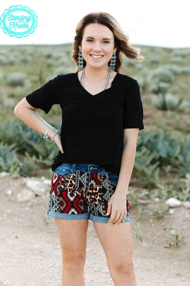 Patched Up Denim Shorts-In Red Aztec And Leopard Print
