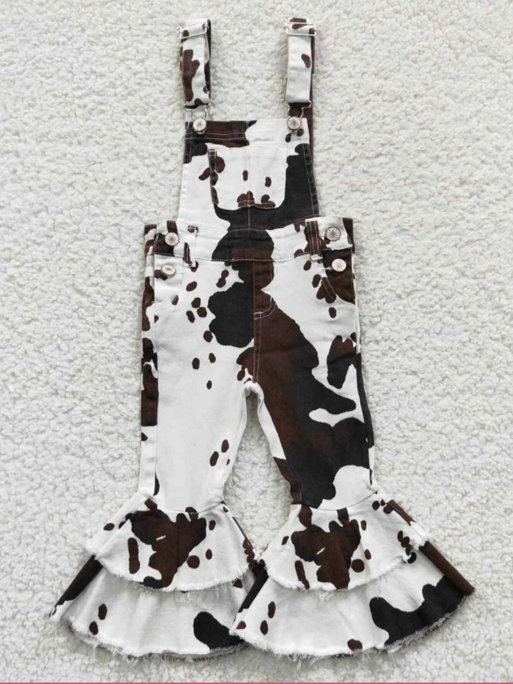 Girls brown Cow print flared ruffle Denim overalls