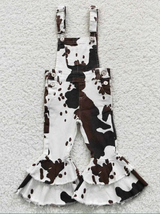 Girls brown Cow print flared ruffle Denim overalls