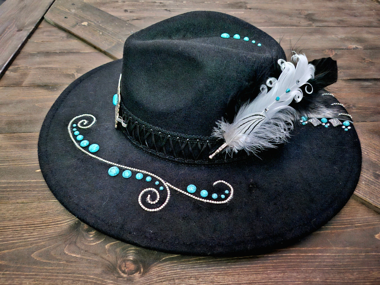 Black Western Cowhide Fedora Hat with Turquoise Accents and Rhinestones