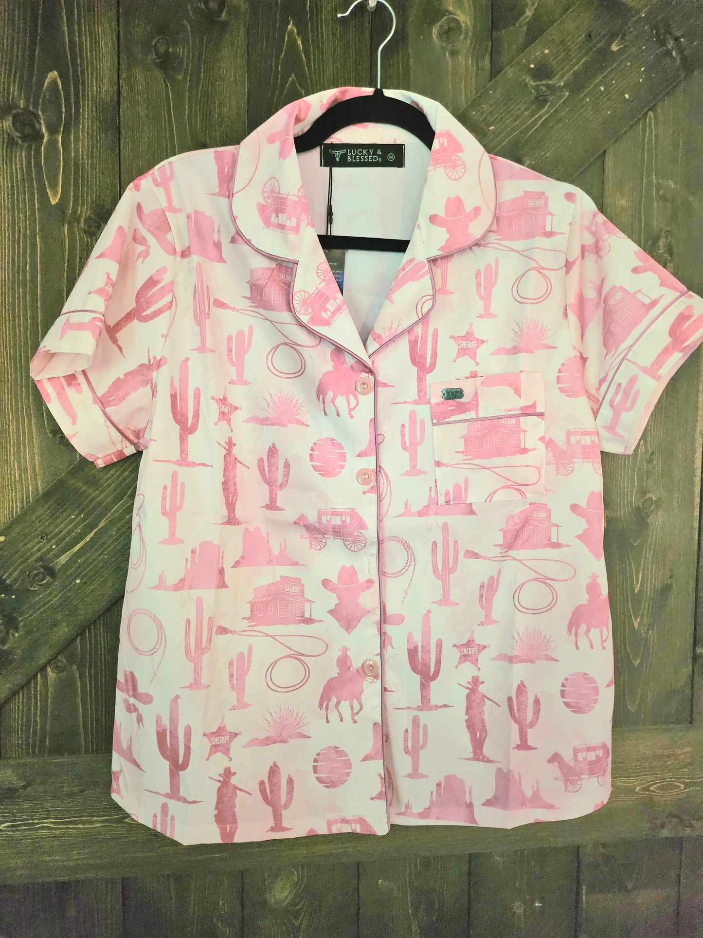 Cream Pink Western Printed Button Down Shorts Pajama Set
