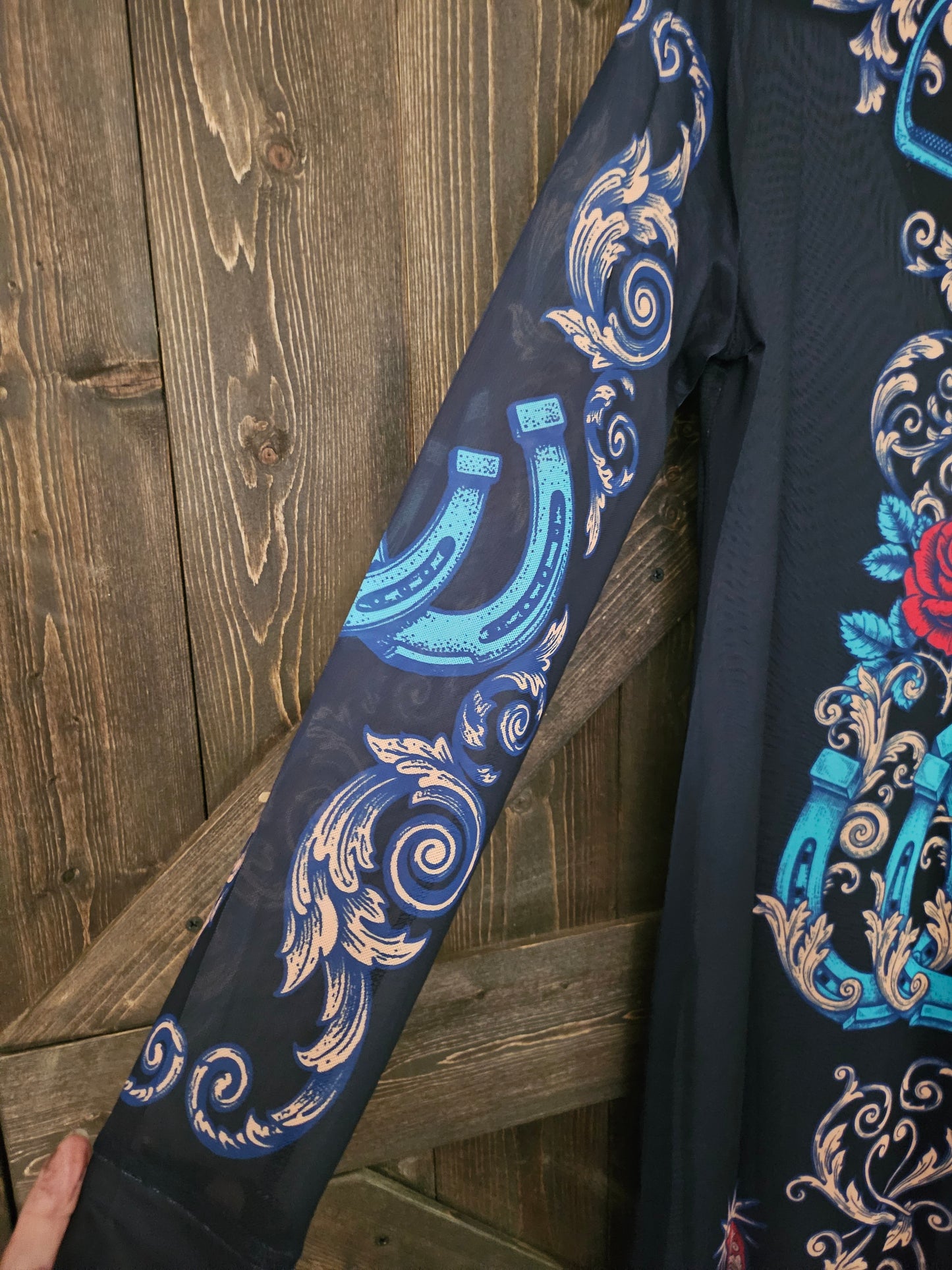 Black Horseshoe And Rose Printed Mesh Button Down Maxi Duster Dress