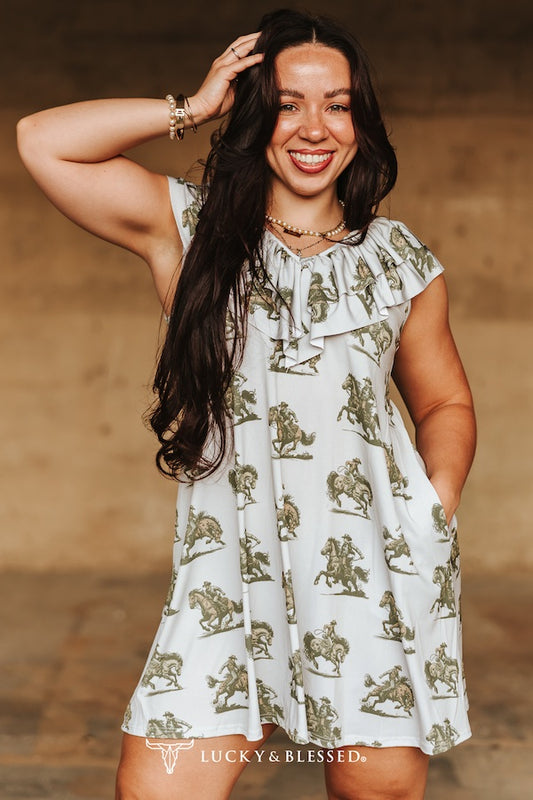 Western Horse Print Ruffle Dress In Grey