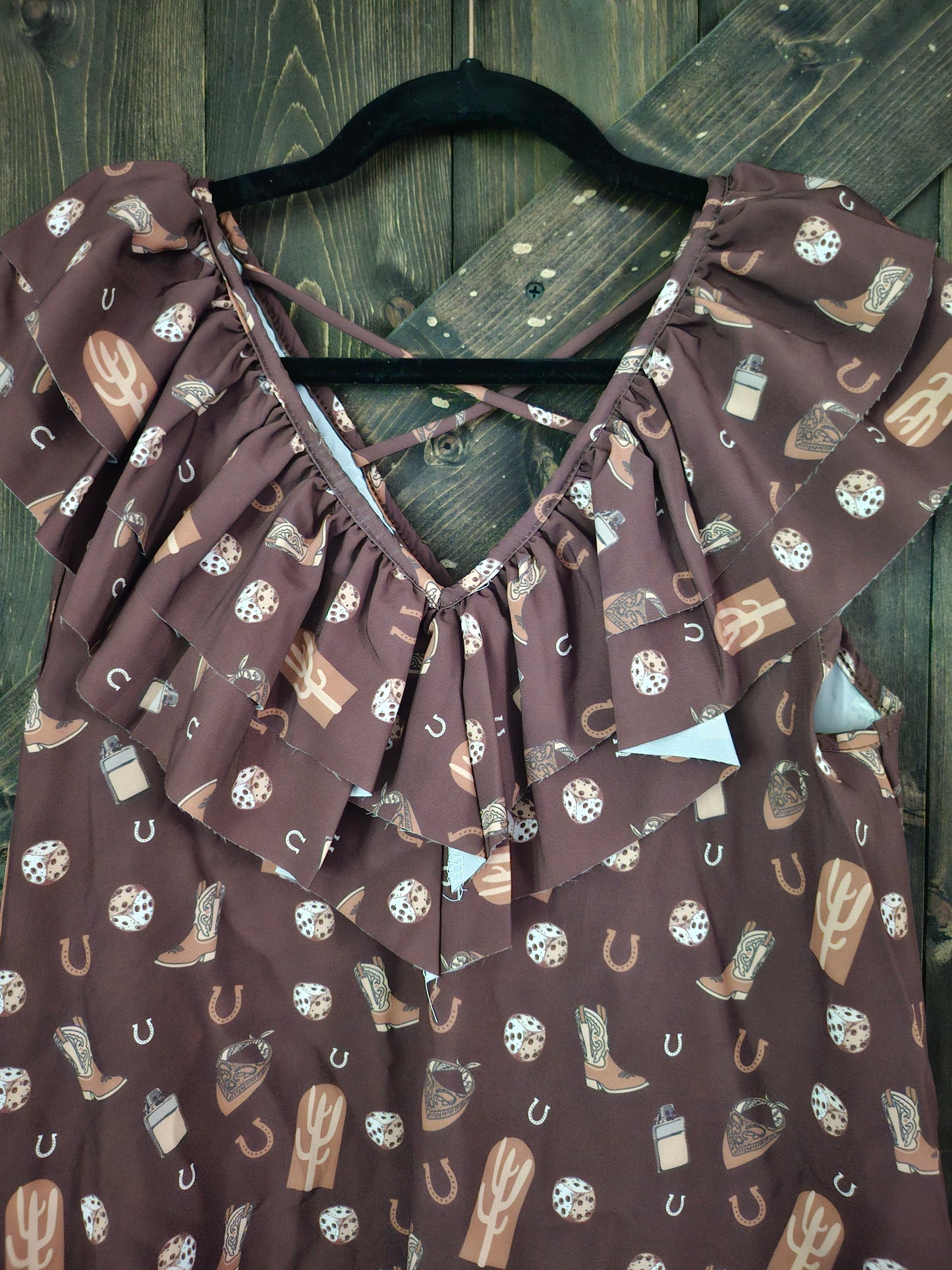 Brown Pocket Dress Double Ruffle CrissCross Back Detail