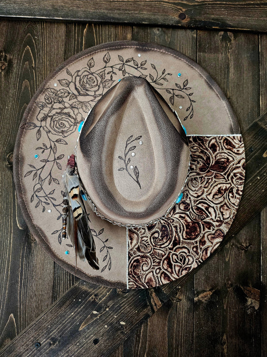 Handcrafted Western Cowboy Hat-Floral Tooled Leather & Feather Accent