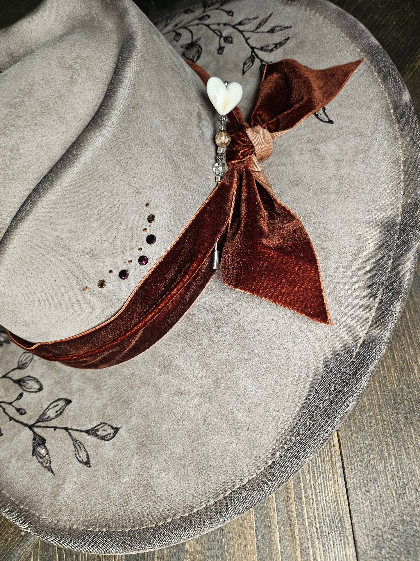 Fedora-Style Cowboy Hat With Heart Top, Hand Burned With Roses and Rhinestones
