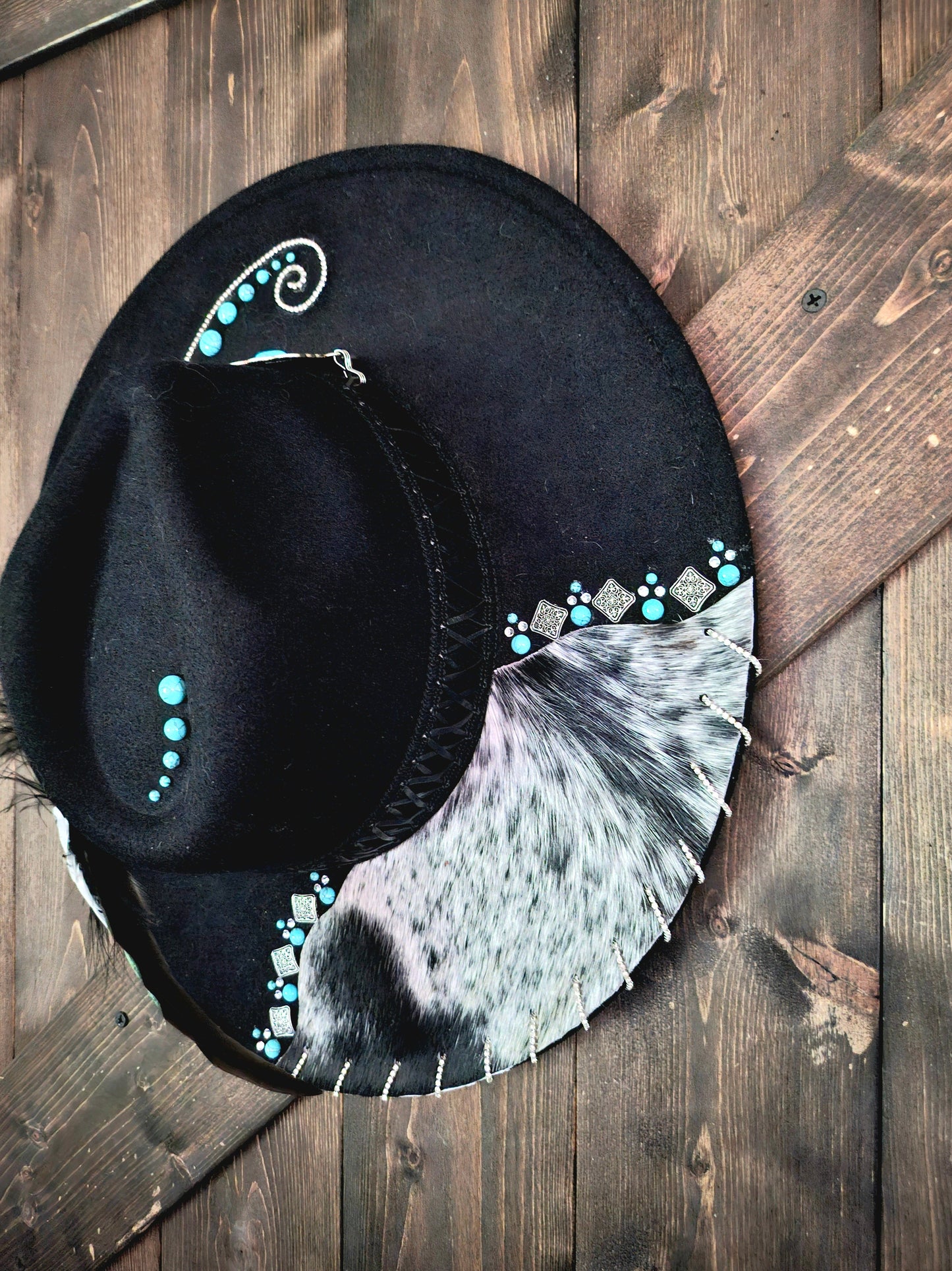 Black Western Cowhide Fedora Hat with Turquoise Accents and Rhinestones