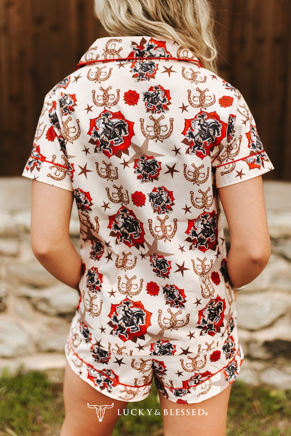 Rose Cowboy Printed Button Down Shorts Pajama Lounge Set
