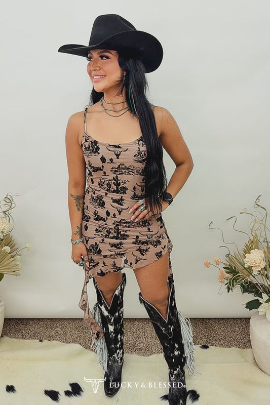 Beige Black Western Burnout Velvet Spaghetti Strap Asymmetrical Dress