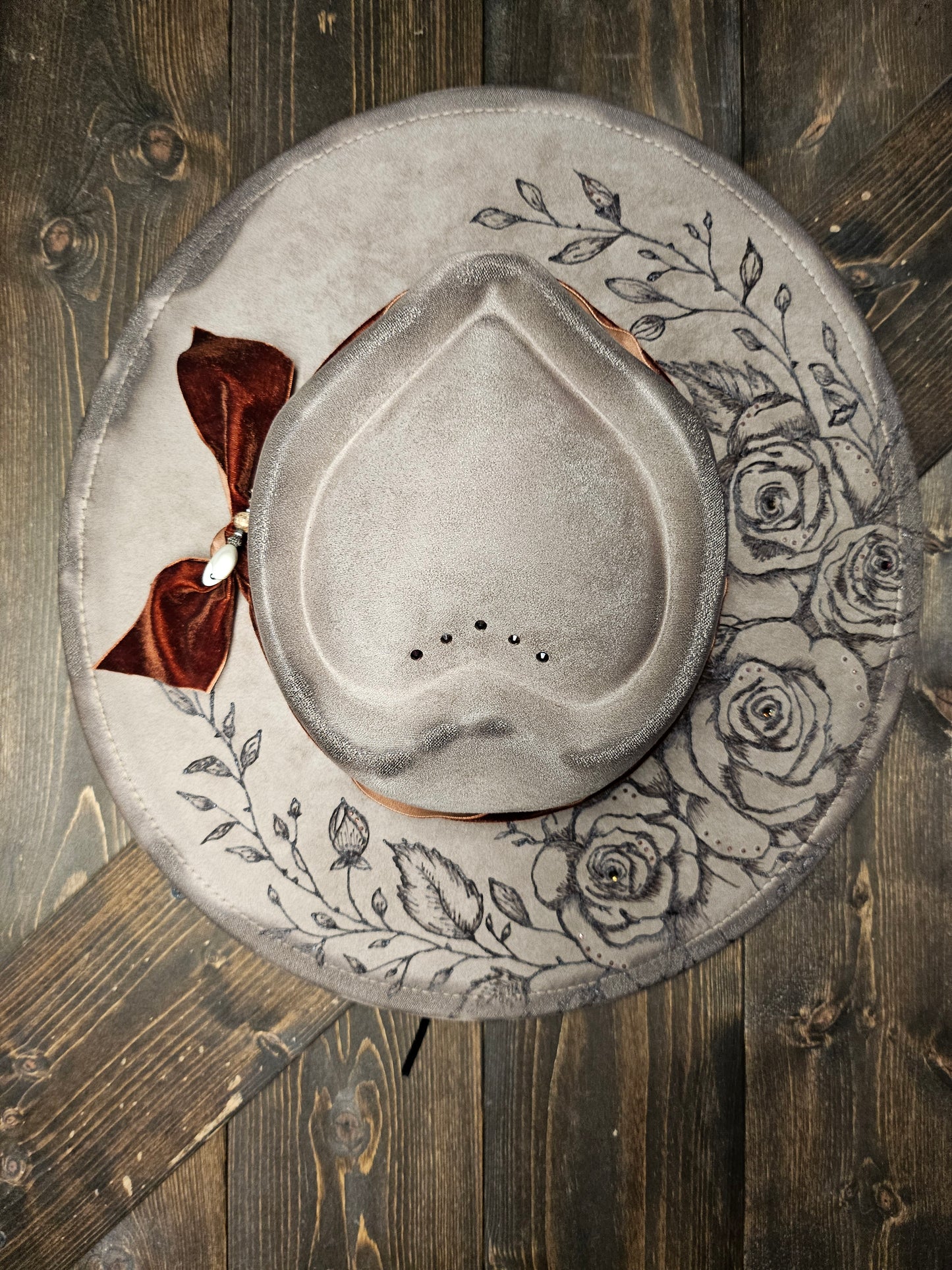 Fedora-Style Cowboy Hat With Heart Top, Hand Burned With Roses and Rhinestones