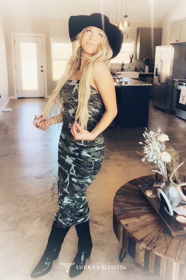 Camo Burnout Printed Ruched Strapless Maxi Dress