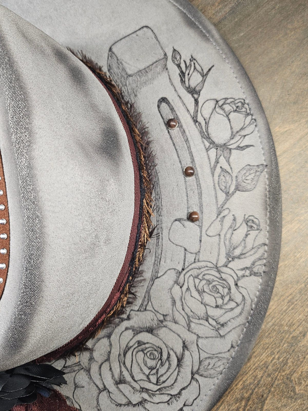 Grey Suede Hand Burned Fedora Style Cowboy Hat With Roses