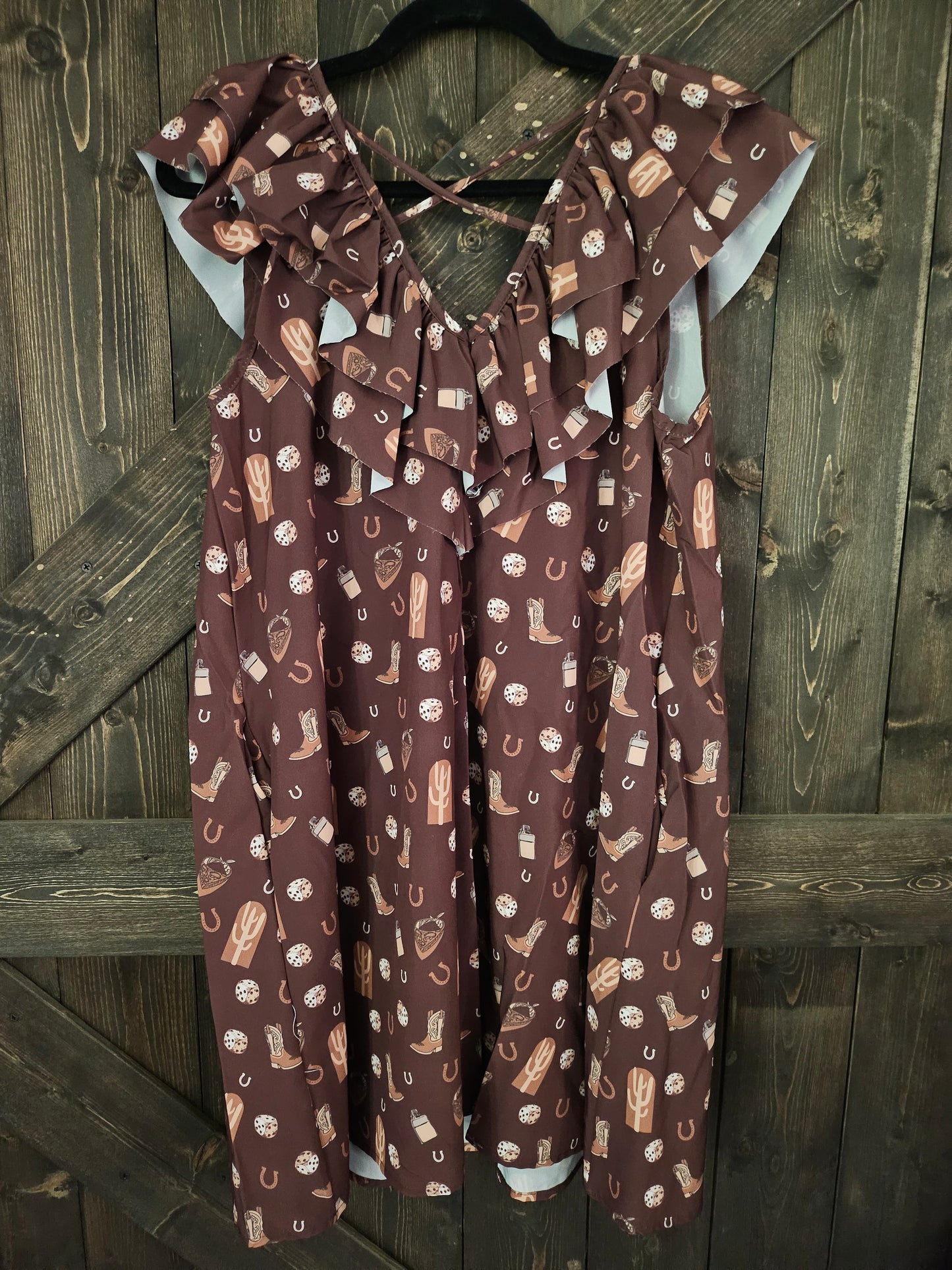 Brown Pocket Dress Double Ruffle CrissCross Back Detail