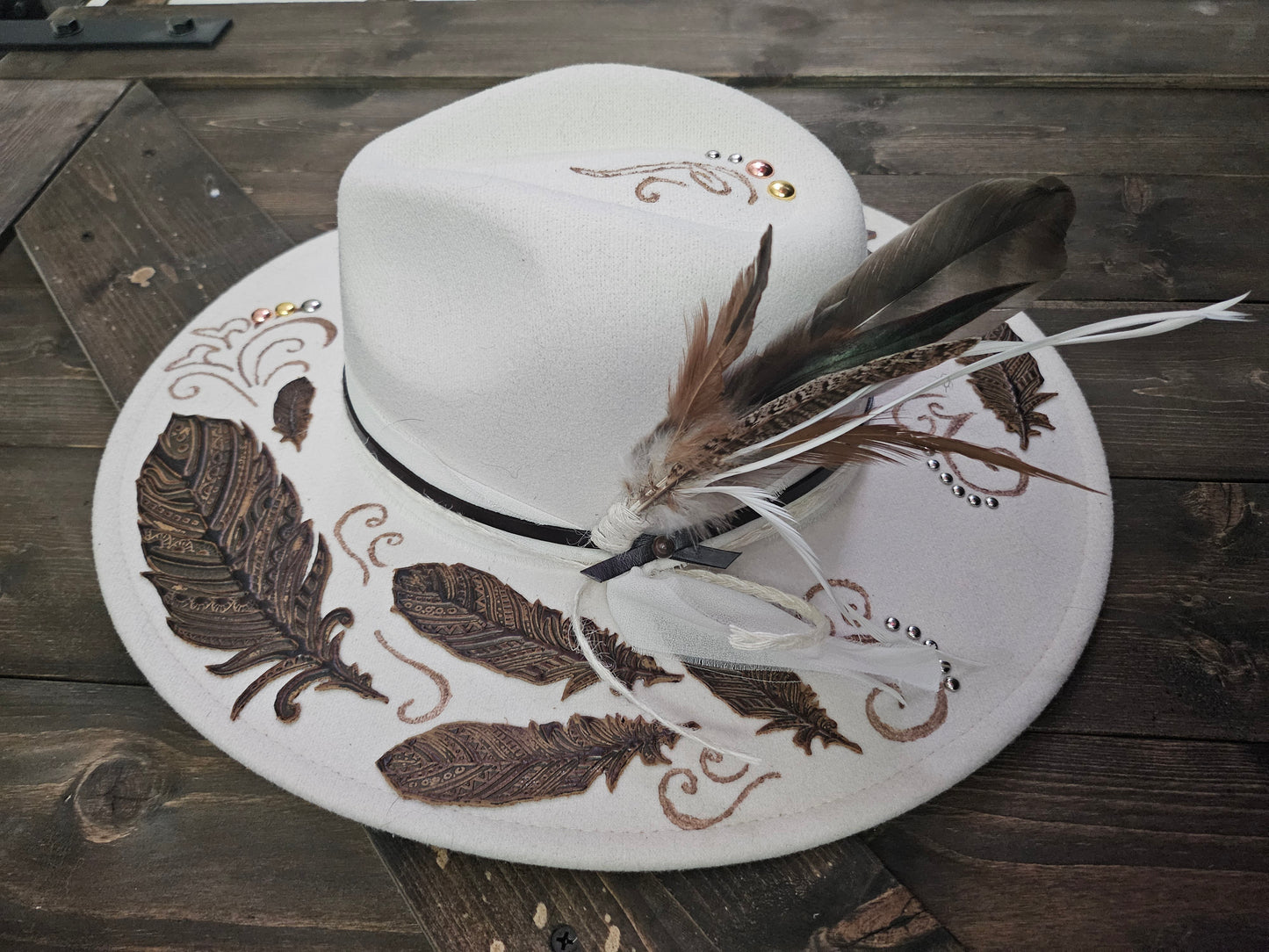 "Feathers in the wind" burned Fedora cowboy hat.