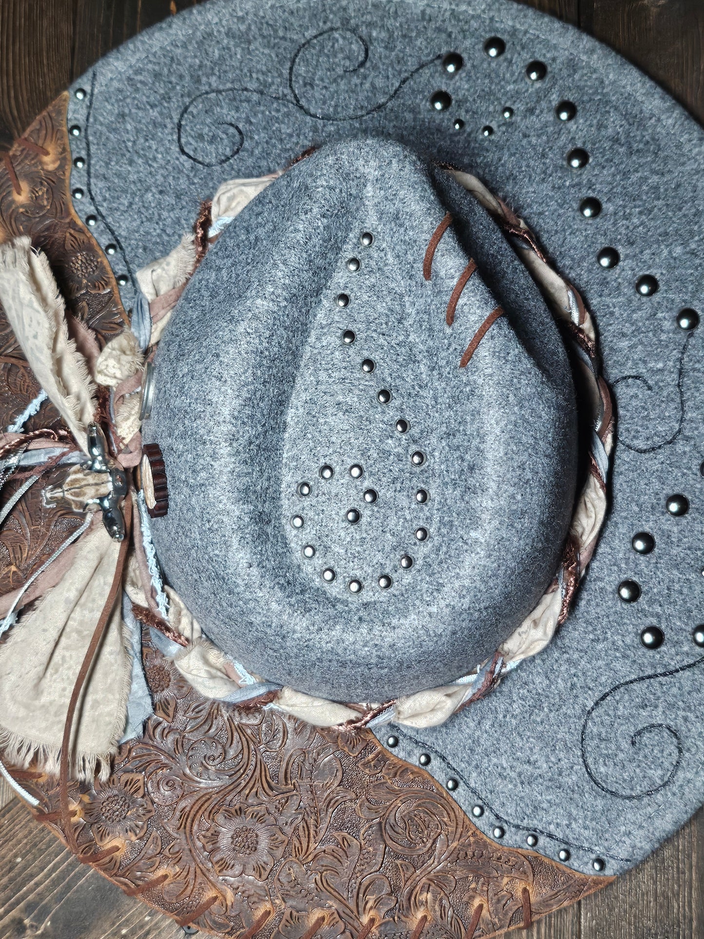 Fedora-Style Cowboy Hat Hand Burned With Embossed Leather