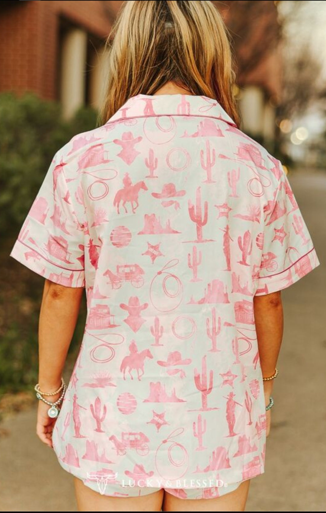 Cream Pink Western Printed Button Down Shorts Pajama Set