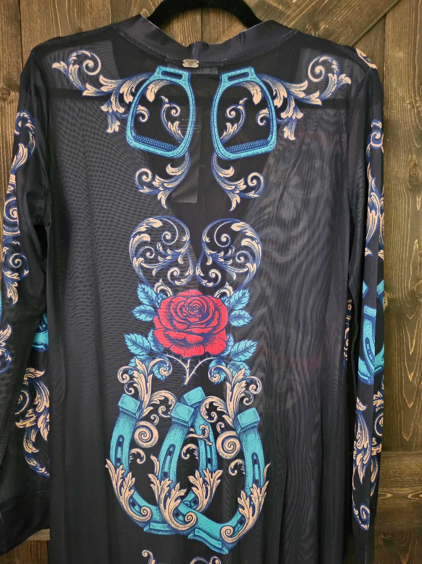 Black Horseshoe And Rose Printed Mesh Button Down Maxi Duster Dress