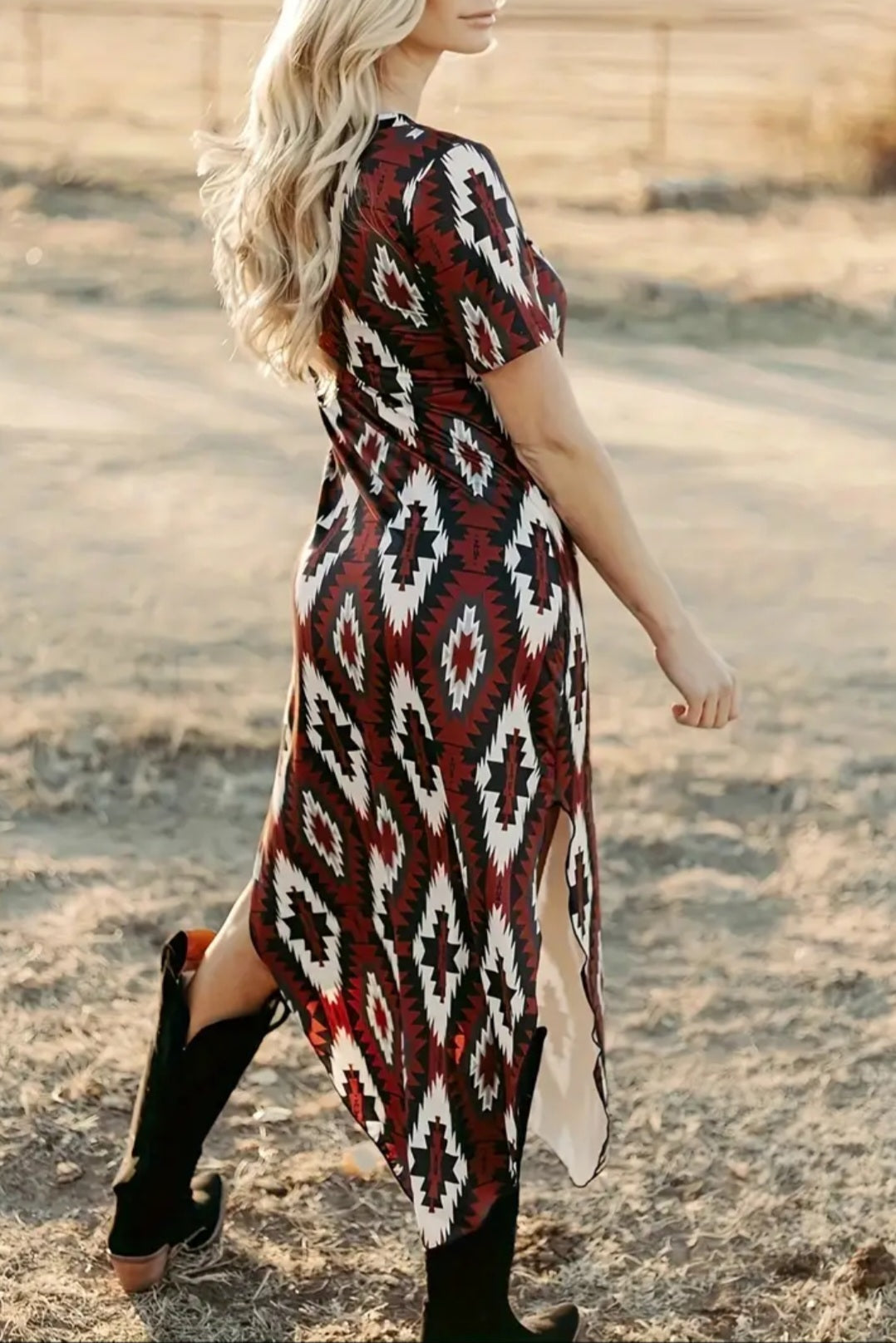 Aztec red midi side slit dress