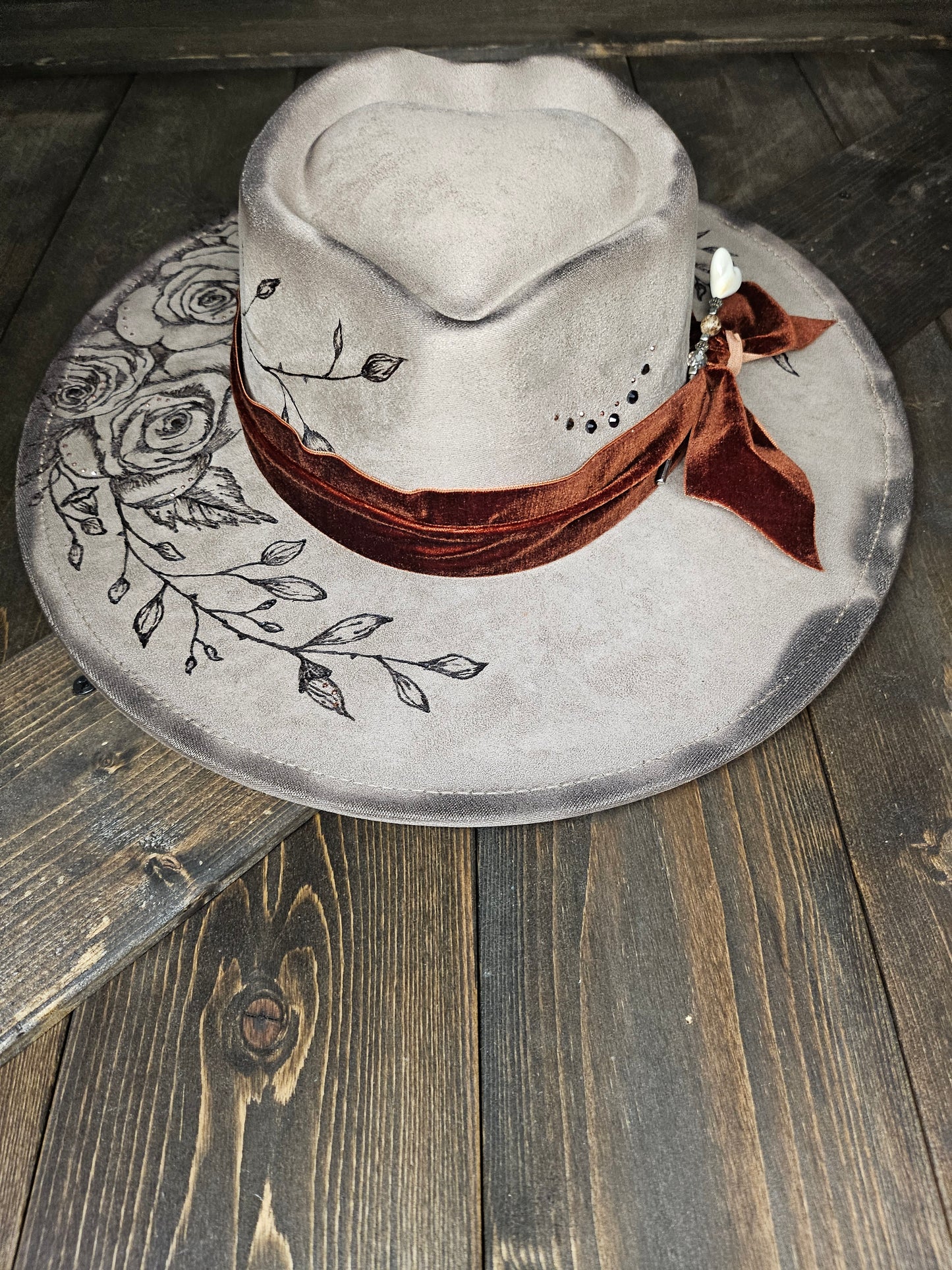 Fedora-Style Cowboy Hat With Heart Top, Hand Burned With Roses and Rhinestones