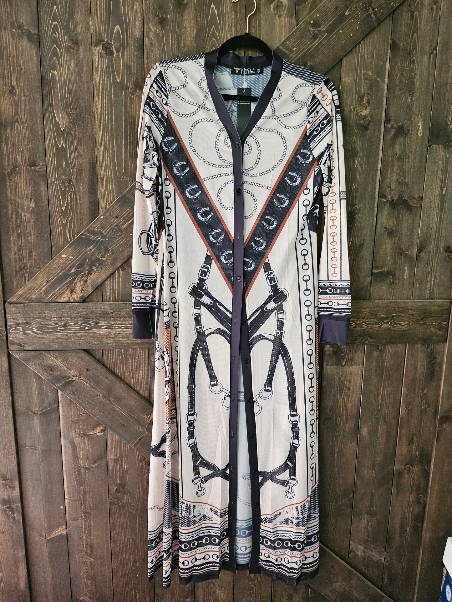 Ivory Cowboy Printed Mesh Button Down Maxi Duster Dress/Cardigan