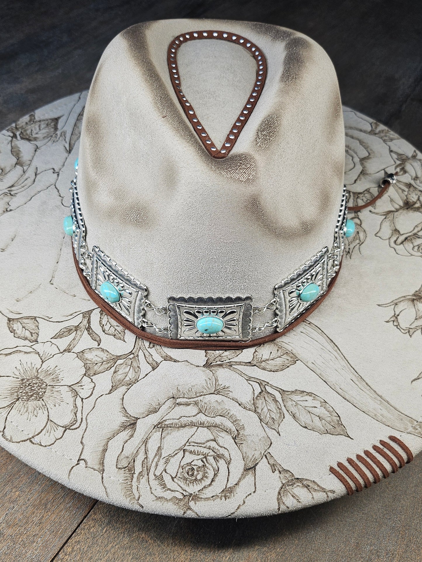 Fedora-Style Cowboy Hat Hand Burned with Roses and Cow Skull