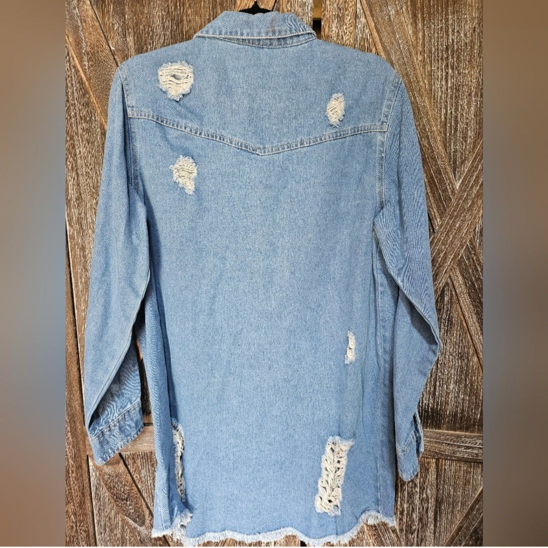 Stylish Distressed medium wash Blue Denim Jacket Top