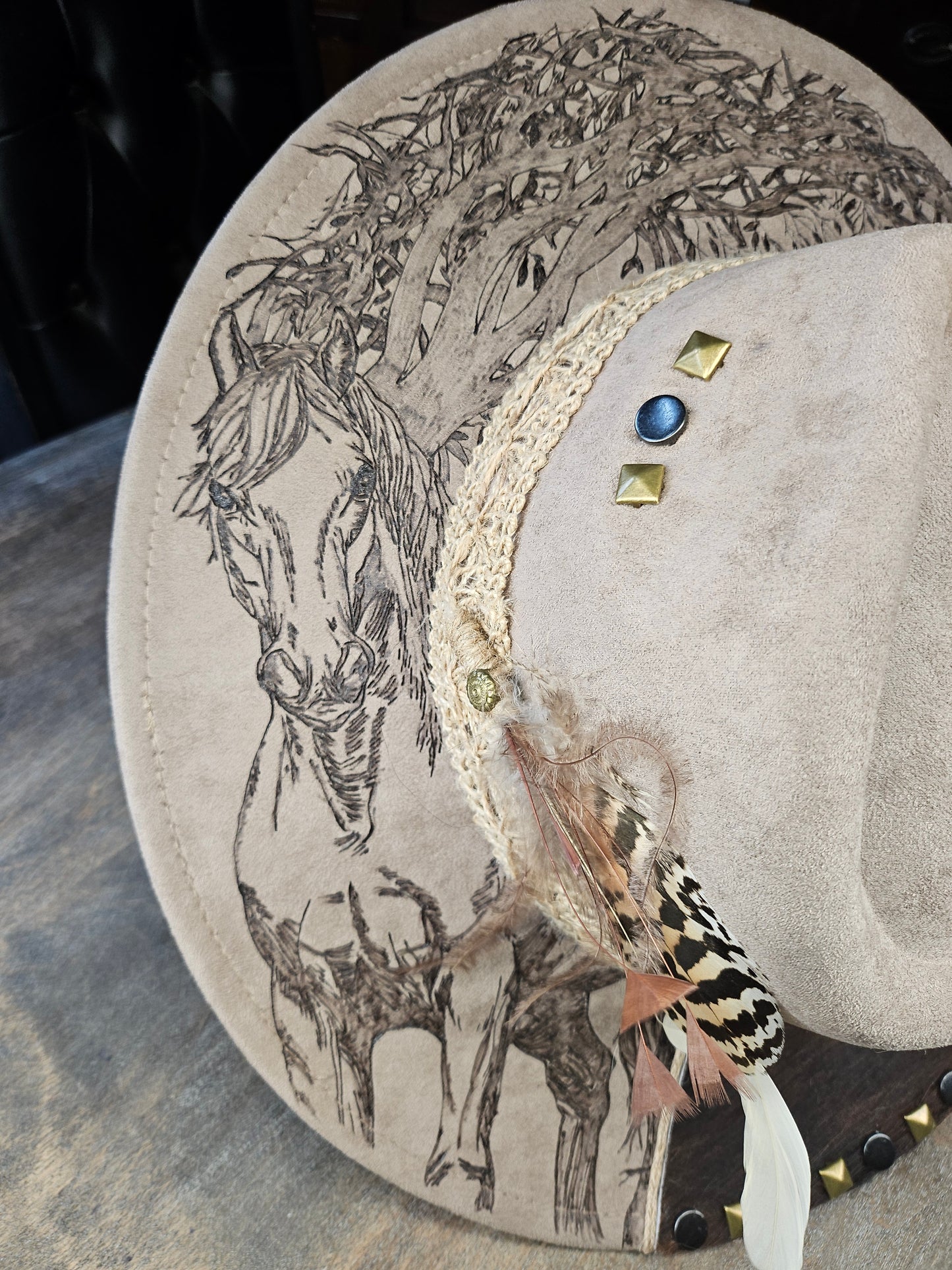 Fedora-Style Cowboy Hat Hand Burned With Horse And Weeping Willow