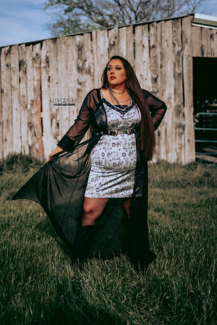 Western print slip dress with leather trim