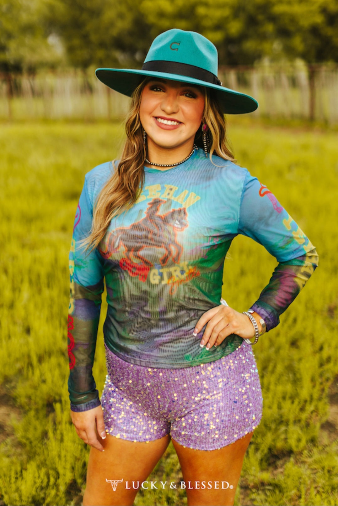 Multi Color Cowgirl Long Sleeve Mesh Top.
