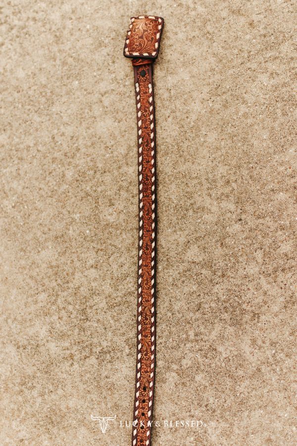 Brown Tooled Western Leather Belt W Floral Detail