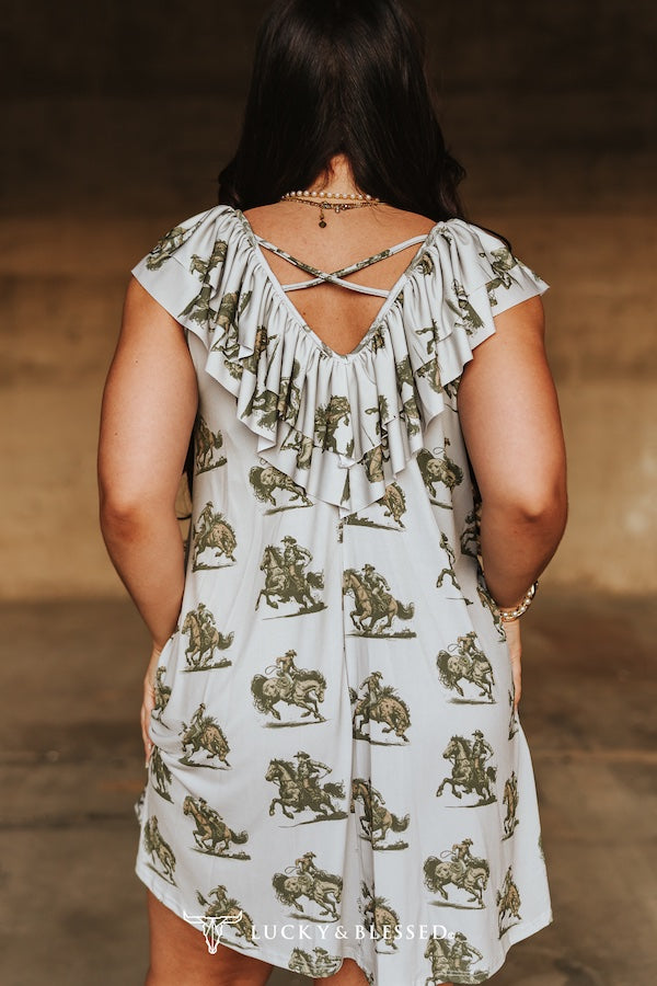 Beige Western Horse Print Ruffle Dress