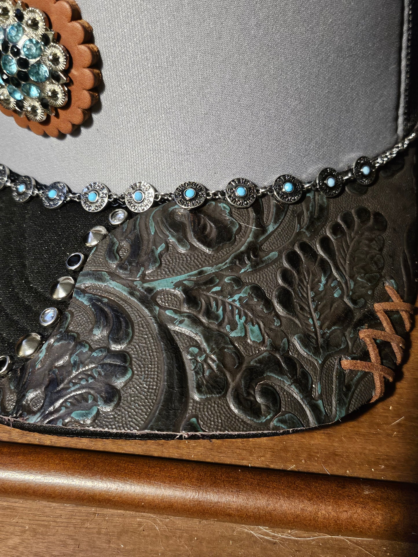 Western trucker hat with cowhide and conchos