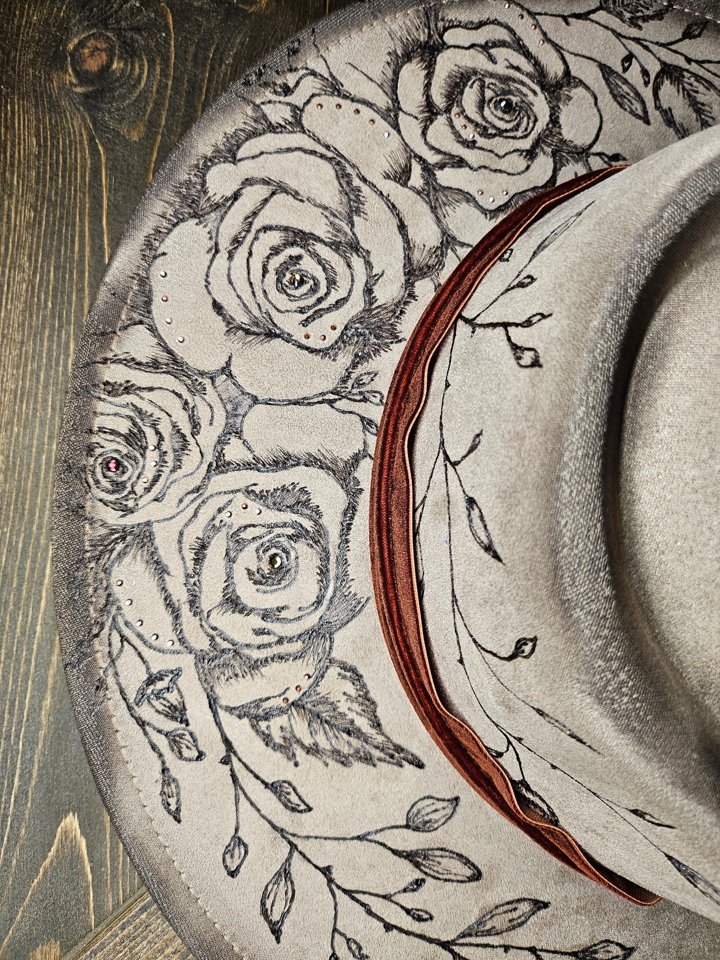 Fedora-Style Cowboy Hat With Heart Top, Hand Burned With Roses and Rhinestones