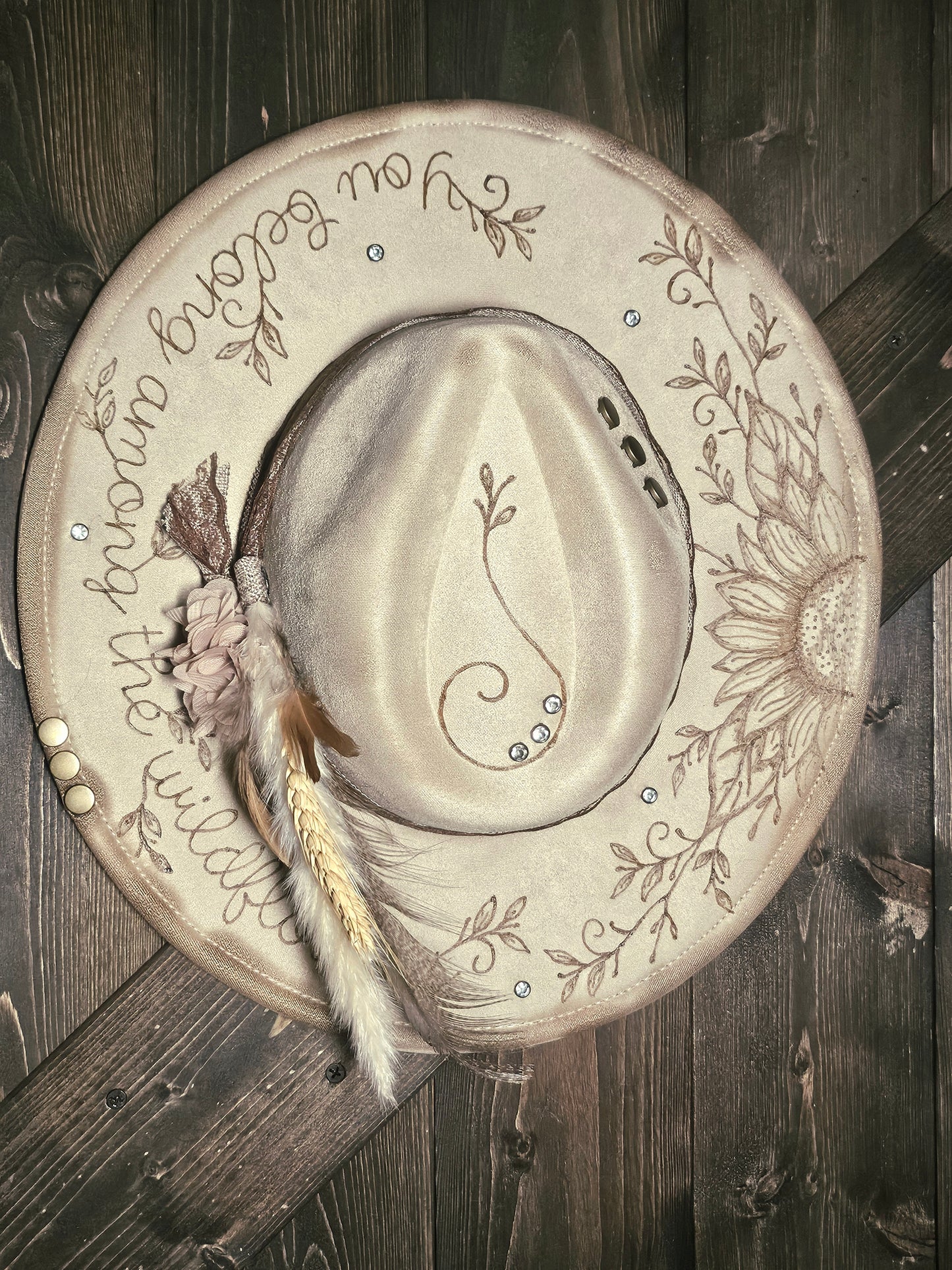 Western Fedora cowboy hat hand burned with rhinestones